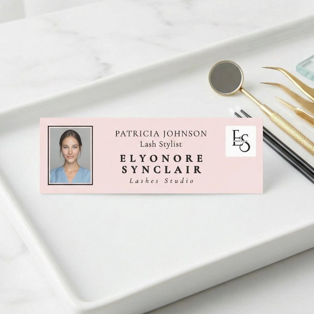 Blush Pink Script Logo Photo Lashes Studio Name Tag (Creator Uploaded)