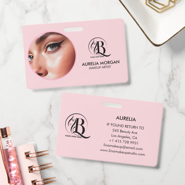 Blush Pink Script Logo Photo Makeup Artist ID Badge (Office)