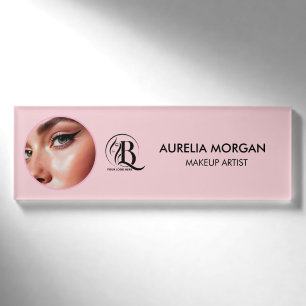 Blush Pink Script Logo Photo Makeup Artist Name Tag
