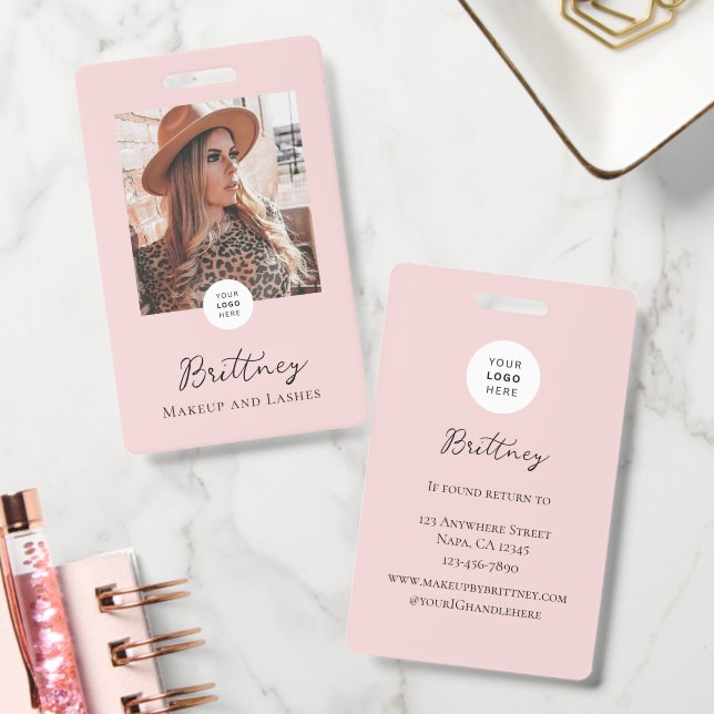 Blush Pink Script Logo Photo Makeup Badge Custom ID Badge (Office)