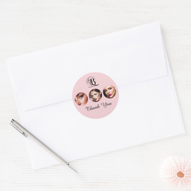 Blush Pink Script Logo Photo Makeup Classic Round Sticker (Envelope)