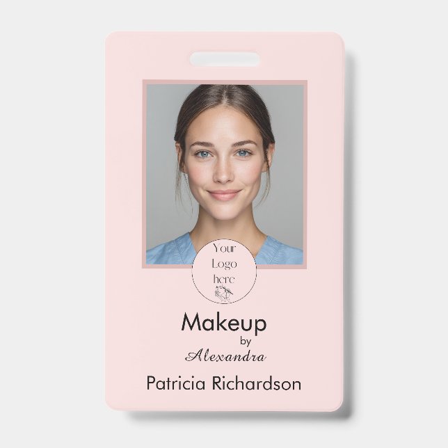 Blush Pink Script Logo Photo Makeup Employee ID Badge (Front)