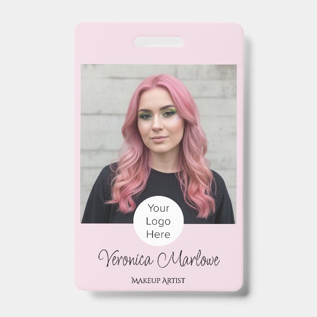 Blush Pink Script Logo Photo Makeup ID Badge (Front)