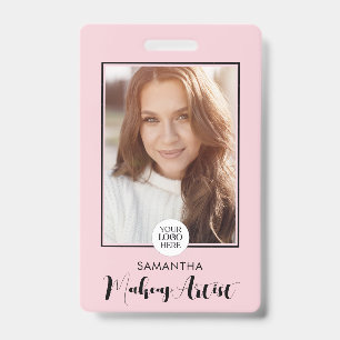Blush Pink Script Logo Photo Makeup  ID Badge