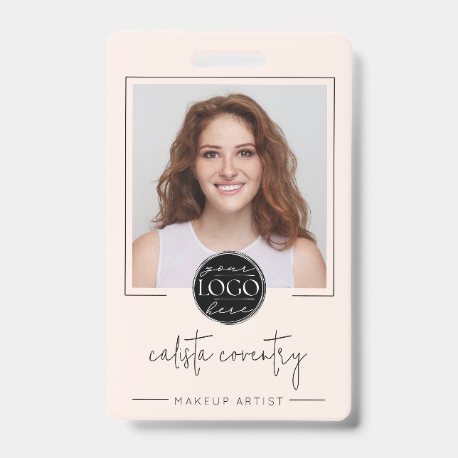 Blush Pink Script Logo Photo Makeup ID Badge (Front)