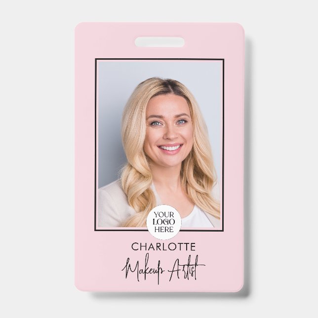Blush Pink Script Logo Photo Makeup  ID Badge (Front)