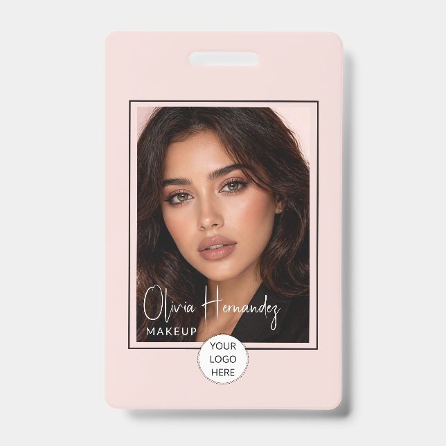 Blush Pink Script Logo Photo Makeup  ID Badge (Front)