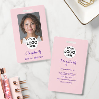 Blush Pink Script Logo Photo Makeup ID Badge
