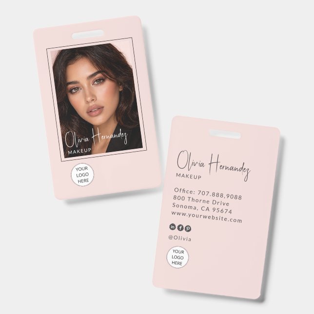 Blush Pink Script Logo Photo Makeup  ID Badge (Front & Back)