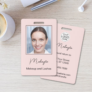 Blush Pink Script Logo Photo Makeup  ID Badge