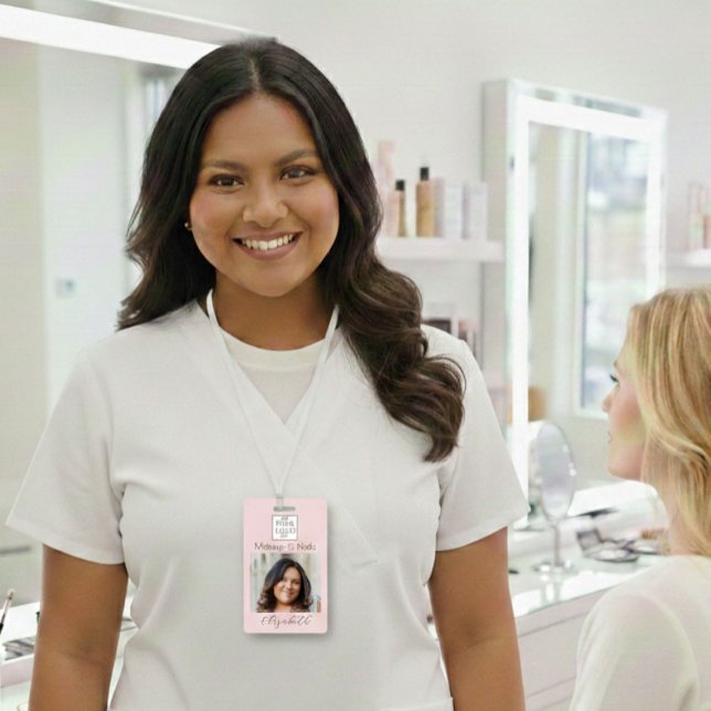 Blush Pink Script Logo Photo Makeup ID Badge (Creator Uploaded)