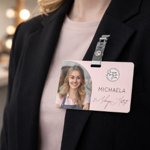 Blush Pink Script Logo Photo Makeup ID Badge