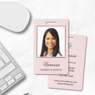 Blush Pink Script Logo Photo Makeup ID Badge