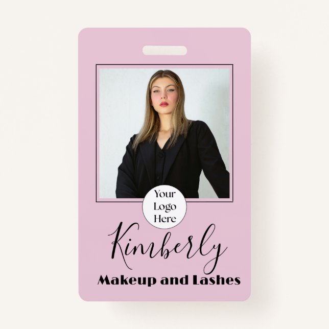 Blush Pink Script Logo Photo Makeup ID Badge (Front)