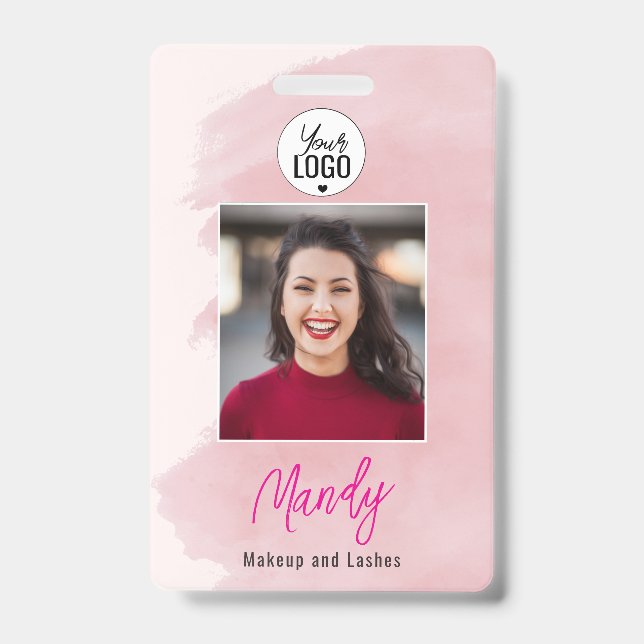 Blush Pink Script Logo Photo Makeup ID Badge (Front)