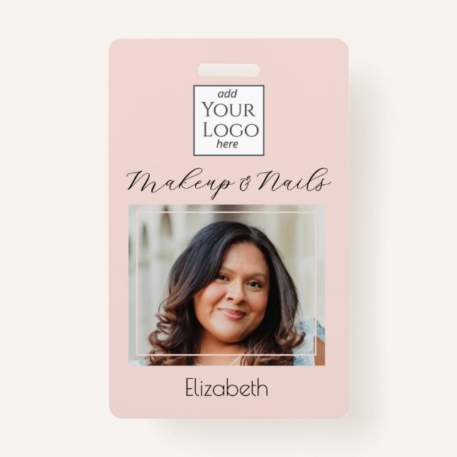 Blush Pink Script Logo Photo Makeup ID Badge (Front)
