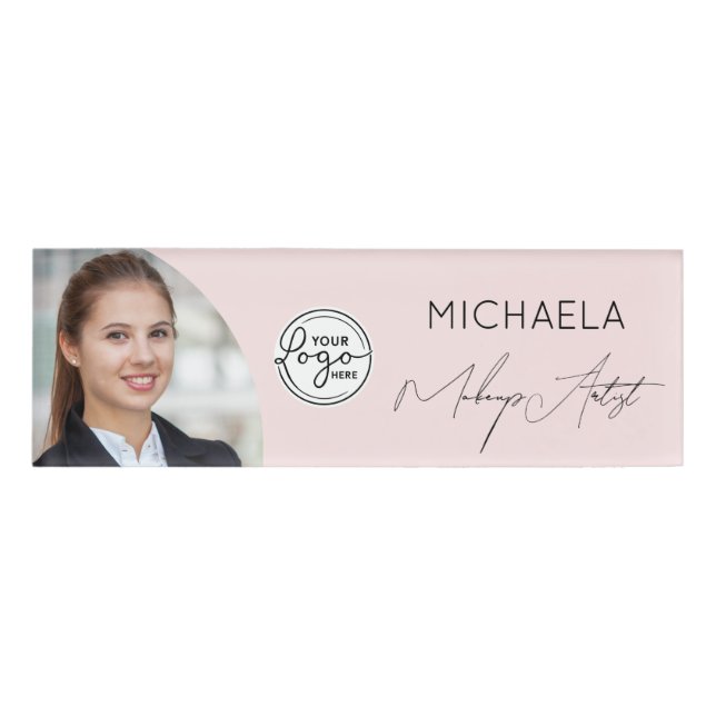 Blush Pink Script Logo Photo Makeup Name Tag (Front)