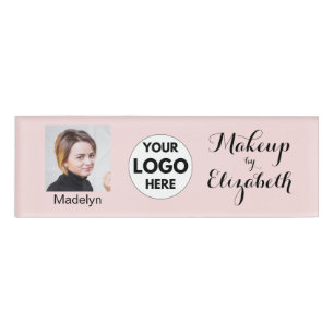 Blush Pink Script Logo Photo Makeup Name Tag