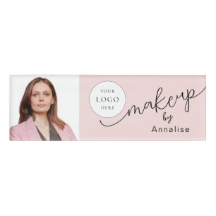 Blush Pink Script Logo Photo Makeup Name Tag