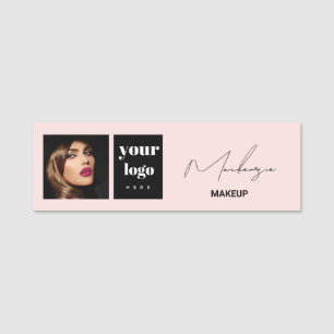 Blush Pink Script Logo Photo Makeup Name Tag
