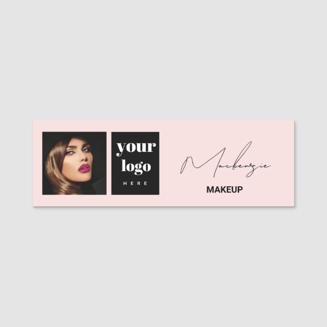 Blush Pink Script Logo Photo Makeup  Name Tag (Front)