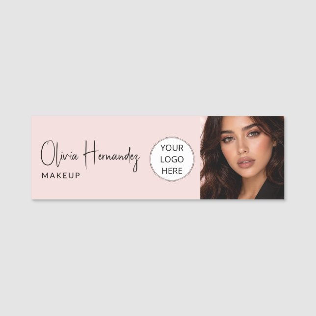 Blush Pink Script Logo Photo Makeup  Name Tag (Front)