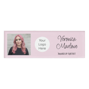Blush Pink Script Logo Photo Makeup Name Tag