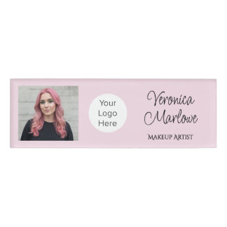Blush Pink Script Logo Photo Makeup Name Tag