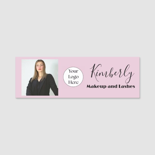 Blush Pink Script Logo Photo Makeup Name Tag (Front)