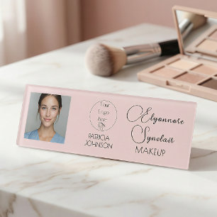Blush Pink Script Logo Photo Makeup Name Tag
