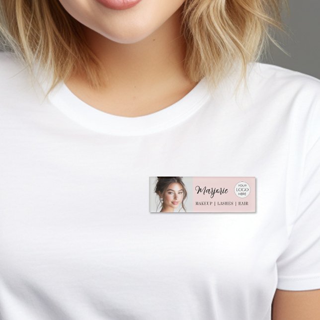 Blush Pink Script Logo Photo Makeup Name Tag (elegant blush pink black makeup salon add your own logo magnetic name tag)