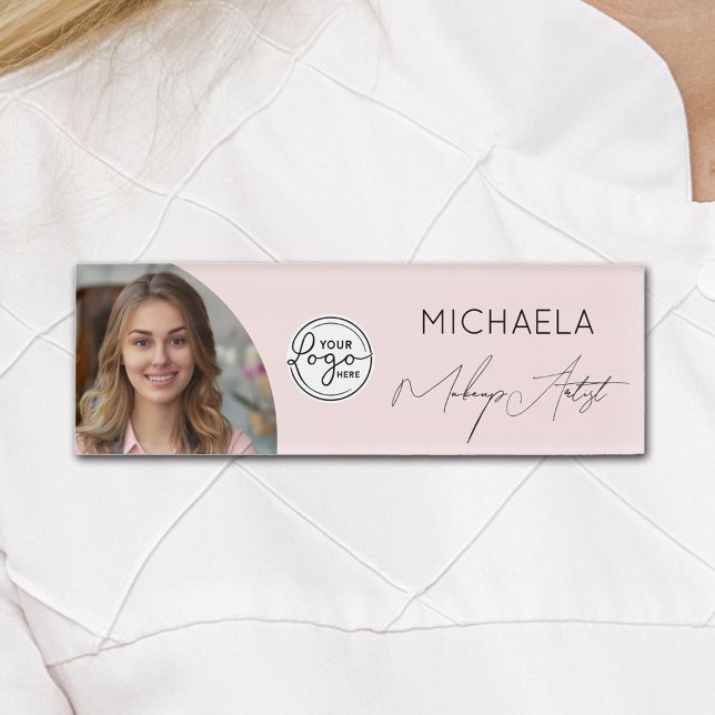 Blush Pink Script Logo Photo Makeup Name Tag (Creator Uploaded)
