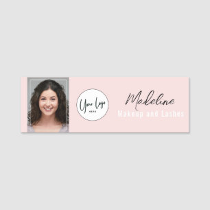 Blush Pink Script Logo Photo Makeup Name Tag
