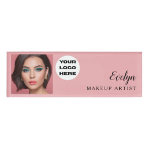 Blush Pink Script Logo Photo Makeup Name Tag