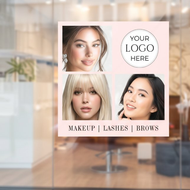 Blush Pink Script Logo Photo Makeup Studio (elegant blush pink makeup artist beauty salon window cling sign with 3 photos logo typography design)