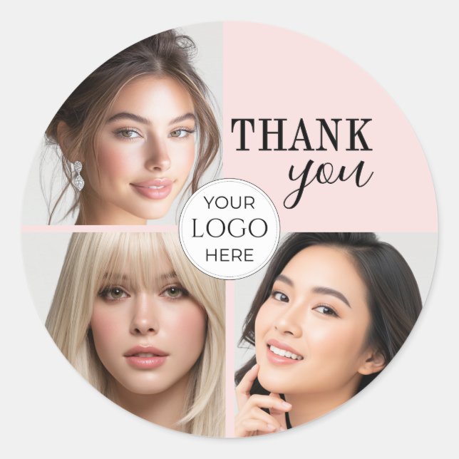 Blush Pink Script Logo Photo Makeup Thank You Classic Round Sticker (Front)