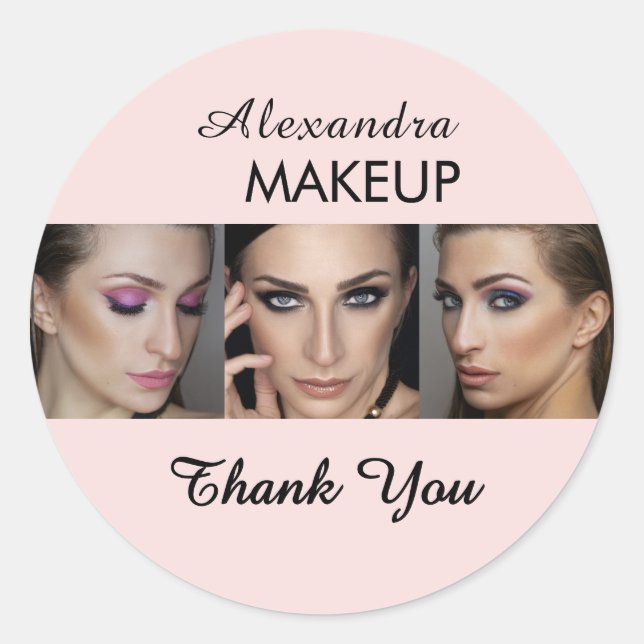 Blush Pink Script Logo Photo Makeup Thank You Classic Round Sticker (Front)