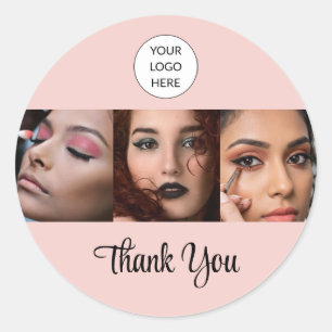 Blush Pink Script Logo Photo Makeup Thank You Classic Round Sticker