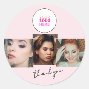 Blush Pink Script Logo Photo Makeup Thank You  Classic Round Sticker
