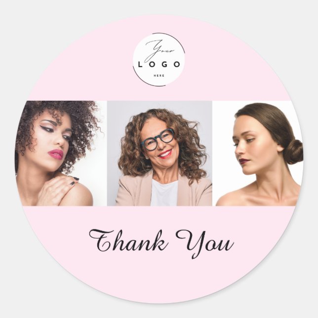 Blush Pink Script Logo Photo Makeup Thank You Classic Round Sticker (Front)