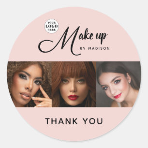 Blush Pink Script Logo Photo Makeup Thank You Classic Round Sticker