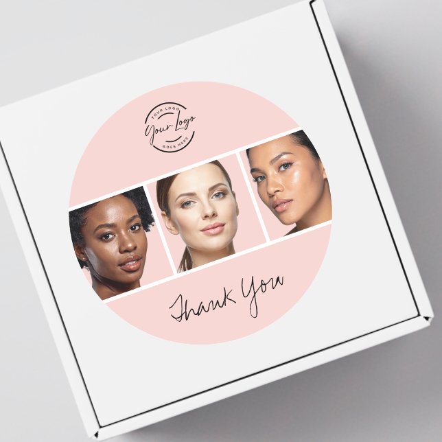 Blush Pink Script Logo Photo Makeup Thank You Classic Round Sticker (Creator Uploaded)