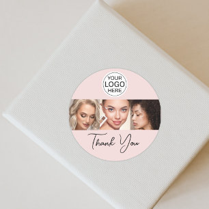Blush Pink Script Logo Photo Makeup Thank You Classic Round Sticker