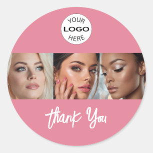 Blush Pink Script Logo Photo Makeup Thank You Classic Round Sticker