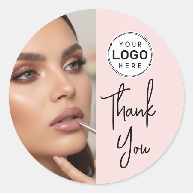 Blush Pink Script Logo Photo Makeup Thank You Classic Round Sticker (Front)
