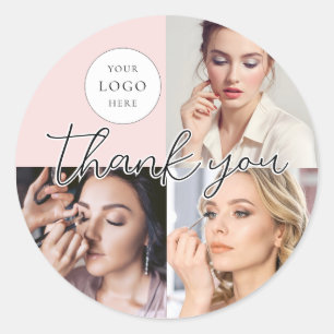 Blush Pink Script Logo Photo Makeup Thank You Classic Round Sticker