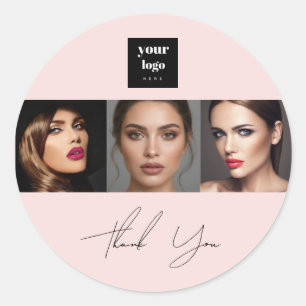 Blush Pink Script Logo Photo Makeup Thank You Classic Round Sticker