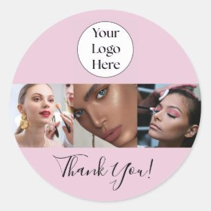 Blush Pink Script Logo Photo Makeup Thank You Classic Round Sticker