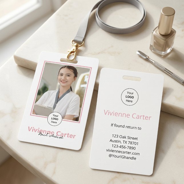 Blush Pink Script Logo Photo Nail Salon ID Badge (Blush Pink Script Logo Photo Nail Salon Badge)
