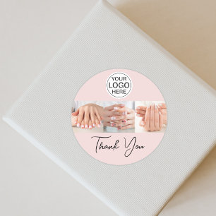 Blush Pink Script Logo Photo Nail Salon Thank You Classic Round Sticker
